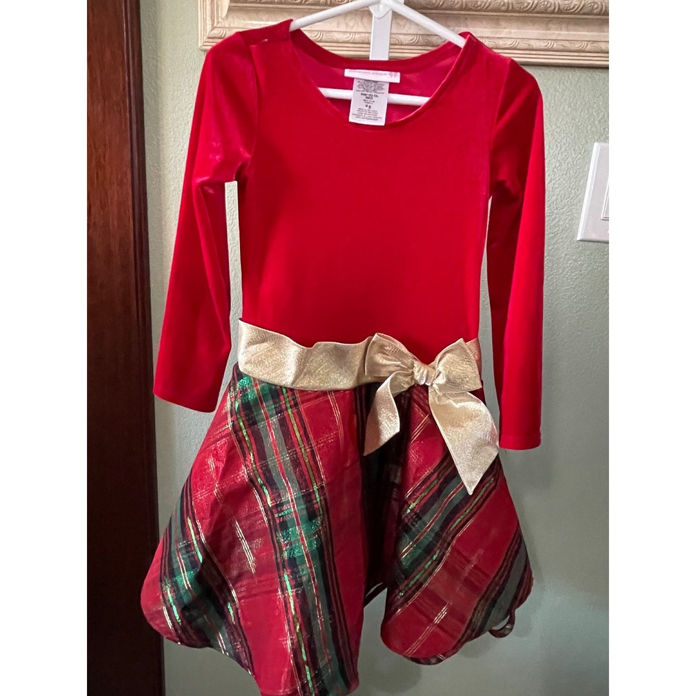 Bonnie Jean Red Christmas Dress Long Sleeve Velvet Formal Plaid Girls's Size 5